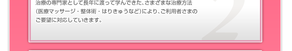 治療の専門家として長年に渡って学んできた、さまざまな治療方法(医療マッサージ・整体術・はりきゅうなど)により、ご利用者さまのご要望に対応していきます。